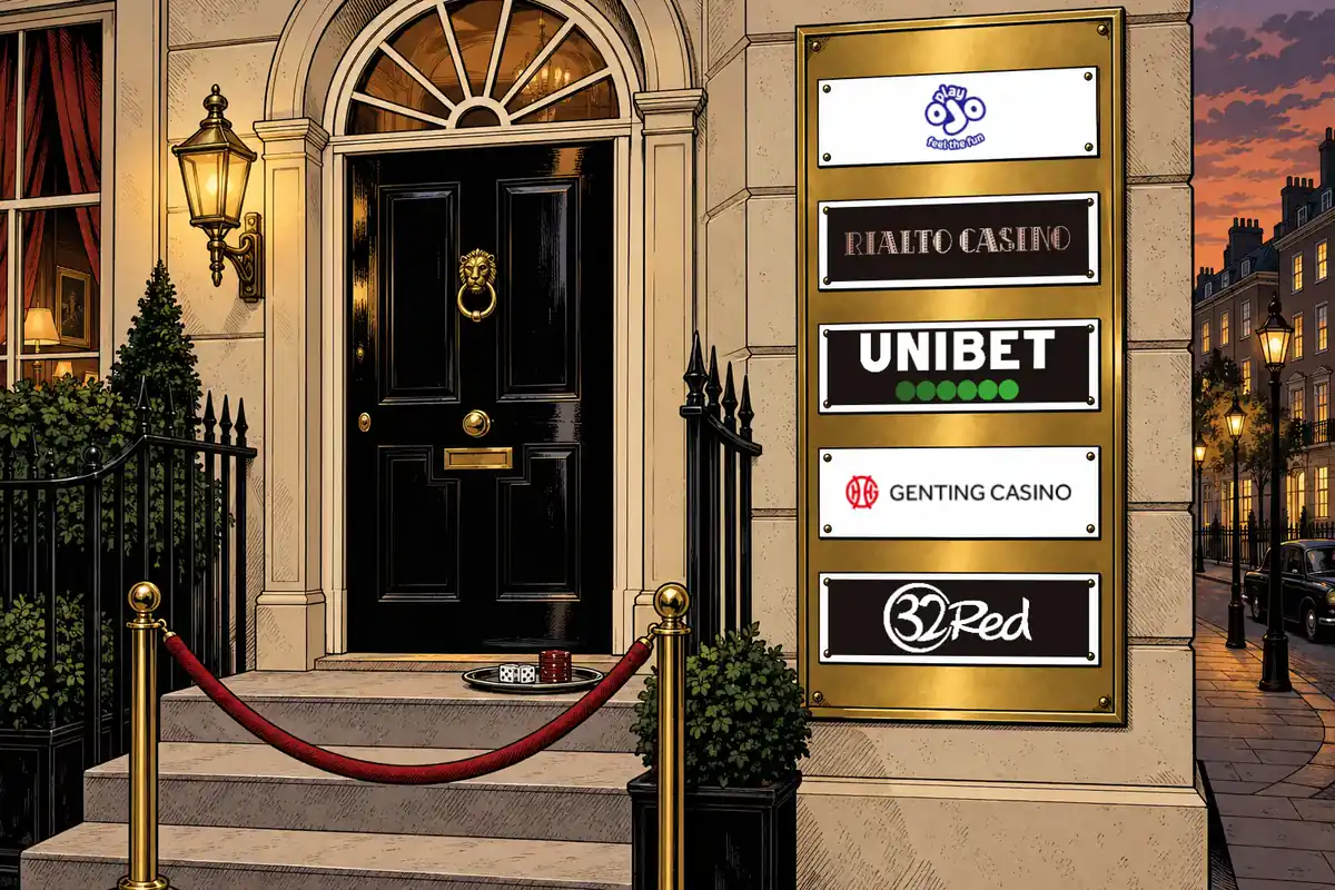 Ink drawing of a Mayfair club door at dusk; beside it a brass board holds the logos of the five casinos whose own pages name a VIP or loyalty scheme: PlayOJO, Rialto Casino, Unibet, Genting Casino and 32Red