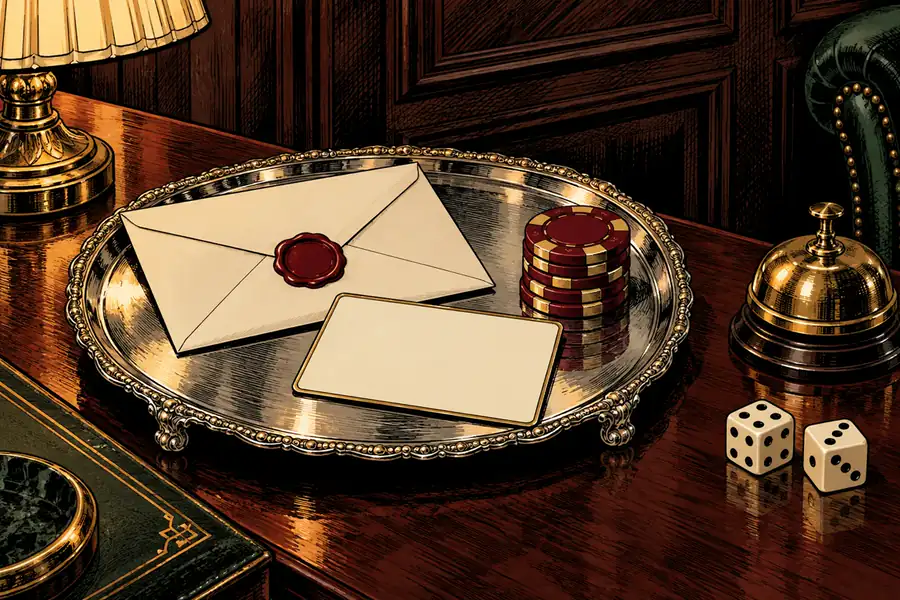 Ink drawing of a silver salver with a sealed invitation, a blank membership card and claret chips